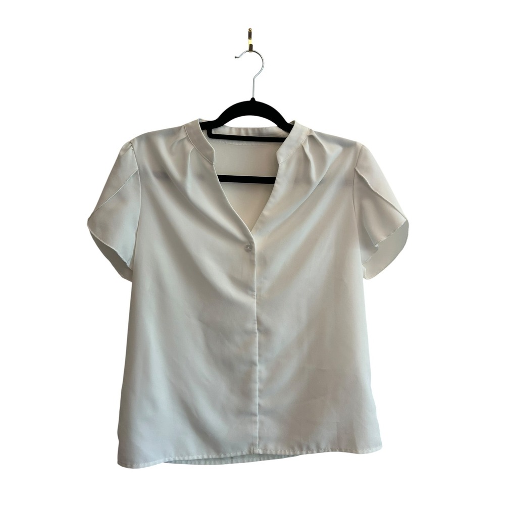Womens White Split Neck Short Petal Sleeve Pleated Blouse Office Career Top